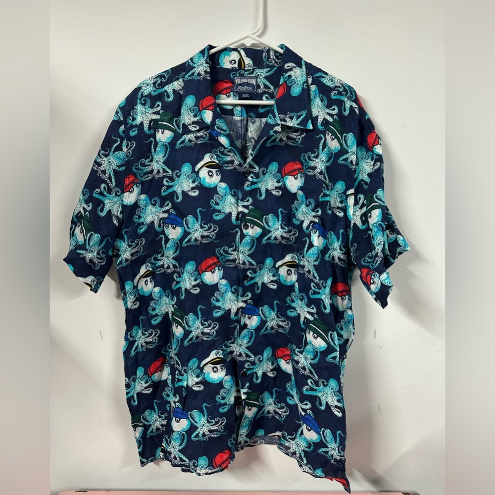 NWT Vilebrequin x Malbon Shirt Men's XXXL Blue 100% Linen Sailors Octopus Golf